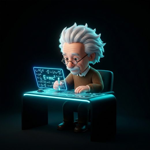 Avatar 3D do Einstein, mascote do 5task, focado em um quadro holográfico de física